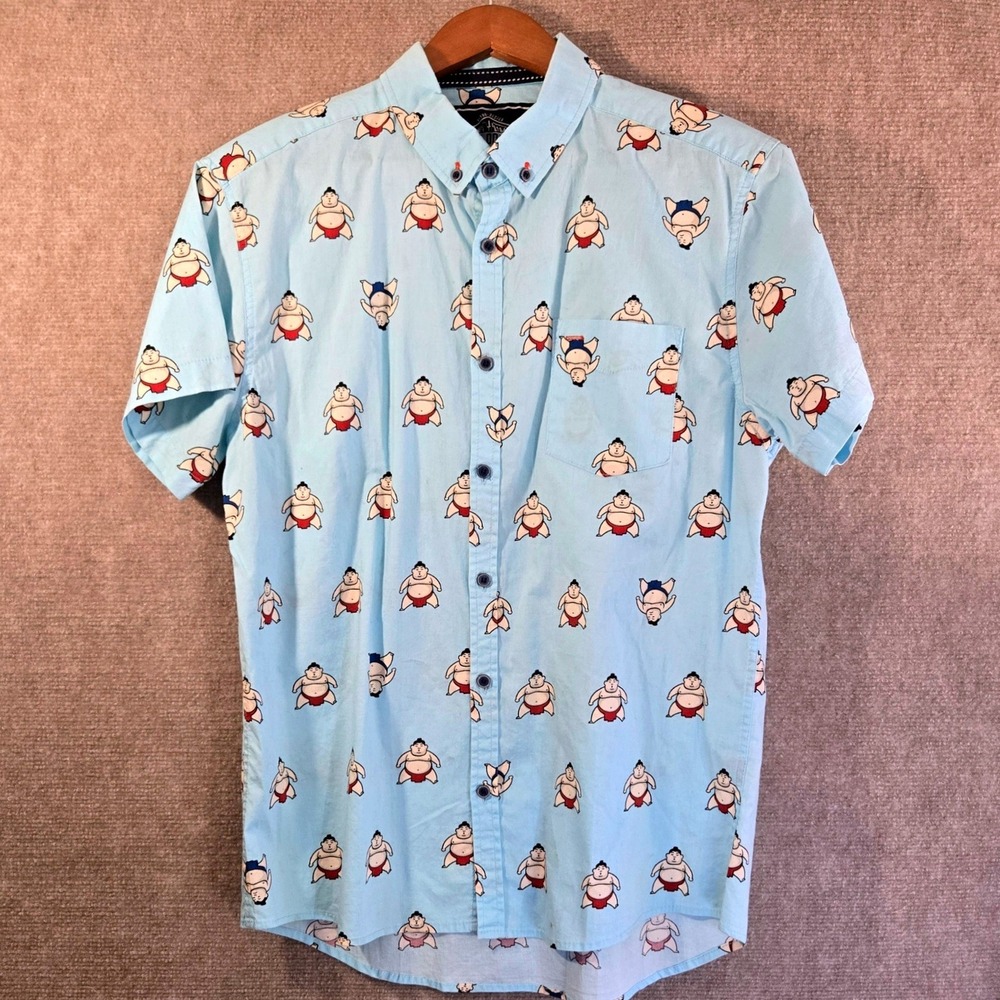 Five Points Industries Mens Slim Fit‎ Flex Sumo Wrestler Print Blue Shirt Medium
